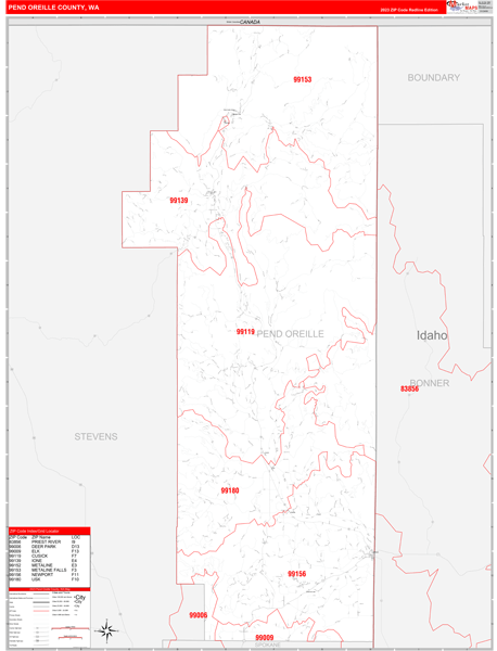 Pend Oreille County, WA Wall Map Red Line Style